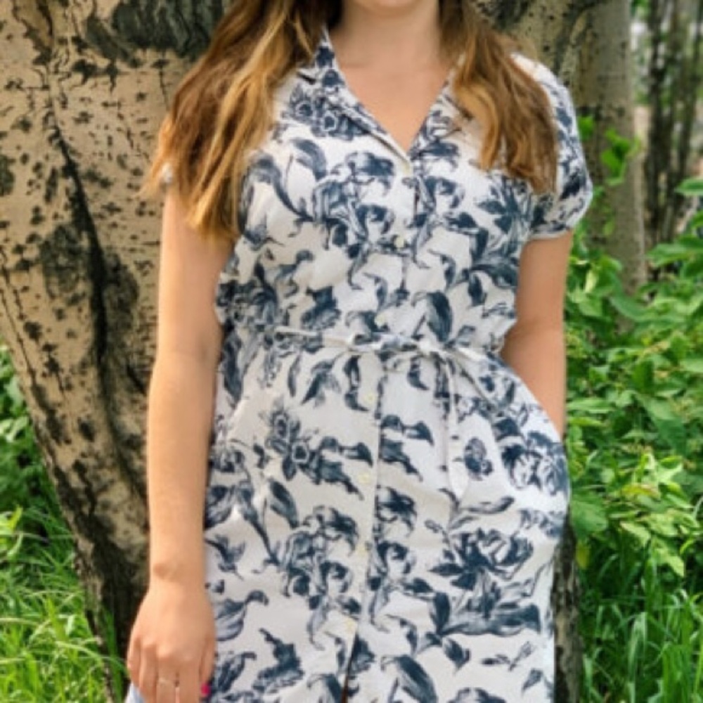 Frank & Oak Navy and White Midi Dress, Floral, Belted, Buttons